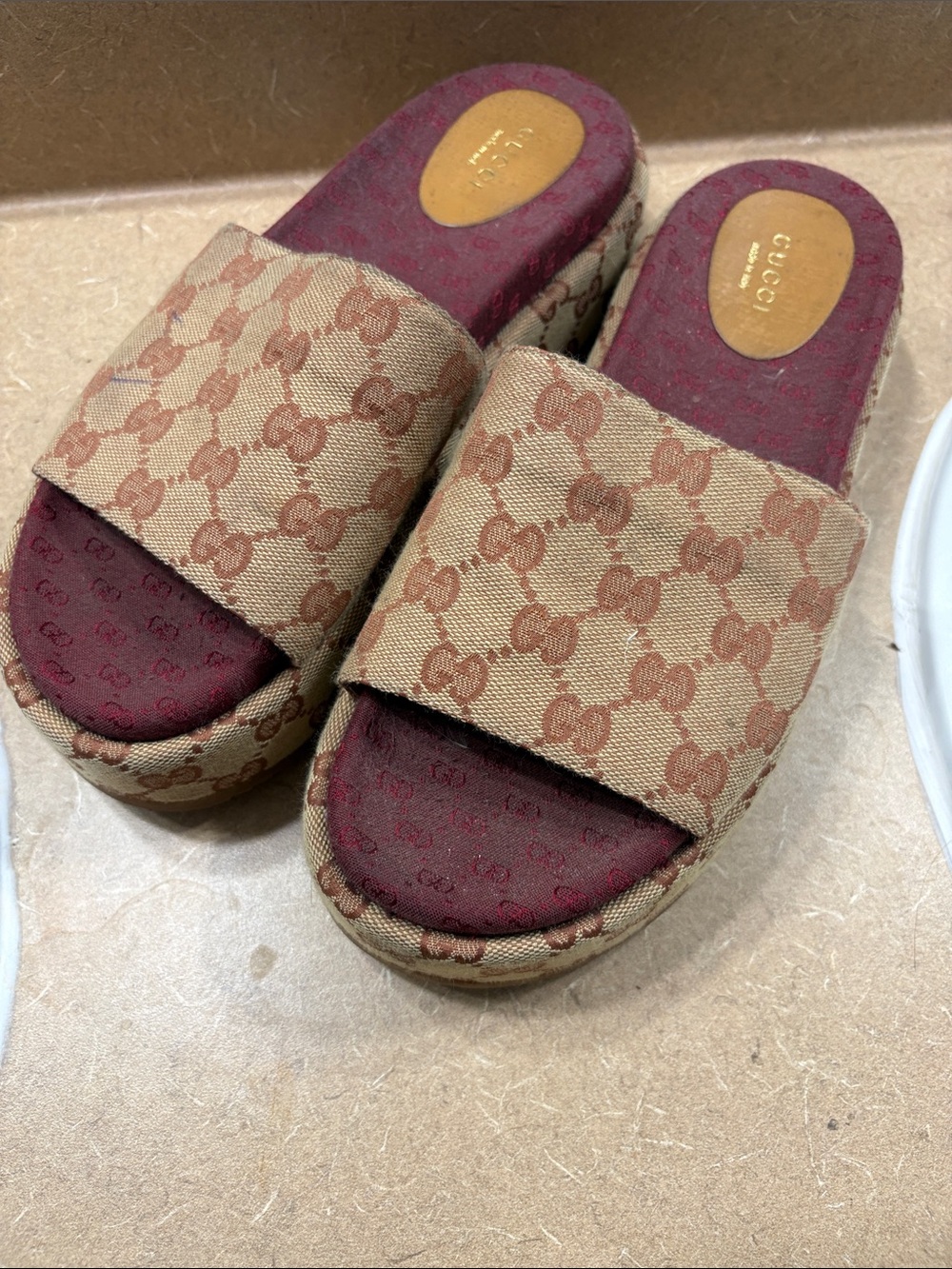 Gucci Beige Monogram Canvas Slide Mules with Burgundy Insole